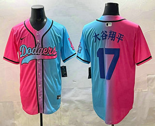 Men's Los Angeles Dodgers #17 Shohei Ohtani Japanese Pink Blue Split Limited Baseball Jersey