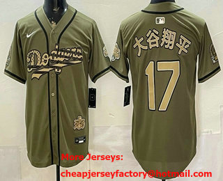 Men's Los Angeles Dodgers #17 Shohei Ohtani Olive USA Japanese 2025 World Series Champions Limited Jersey