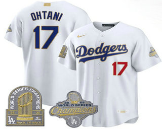 Men's Los Angeles Dodgers #17 Shohei Ohtani White Gold 9x Champs Collection Stadium Jersey