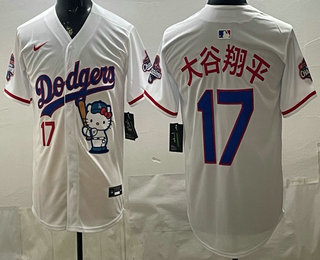 Men's Los Angeles Dodgers #17 Shohei Ohtani White Japanese Hello Kitty 2025 World Series Champions Limited Jersey