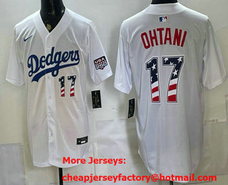 Men's Los Angeles Dodgers #17 Shohei Ohtani White USA 250 Patch Stadium Jersey