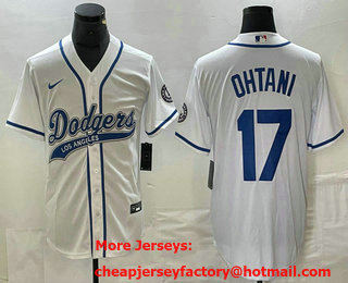 Men's Los Angeles Dodgers #17 Shohei Ohtani White With Patch Cool Base Stitched Baseball Jersey