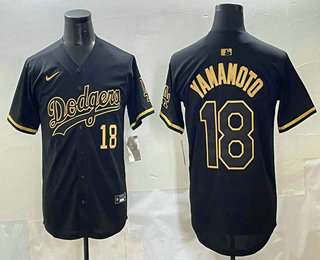 Men's Los Angeles Dodgers #18 Yoshinobu Yamamoto Number Black Gold Limited Jersey