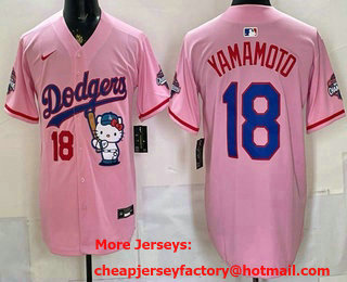 Men's Los Angeles Dodgers #18 Yoshinobu Yamamoto Pink Hello Kitty 2025 World Series Champions Limited Jersey