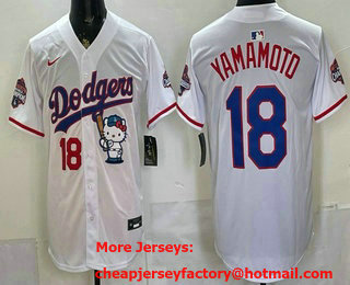Men's Los Angeles Dodgers #18 Yoshinobu Yamamoto White Hello Kitty 2025 World Series Champions Limited Jersey
