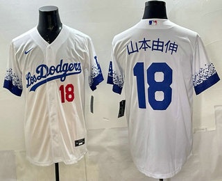 Men's Los Angeles Dodgers #18 Yoshinobu Yamamoto White Japanese City Cool Base Stitched Jersey