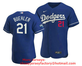 Men's Los Angeles Dodgers #21 Walker Buehler 2020 Blue World Series Champions Patch Flex Base Sttiched Jersey