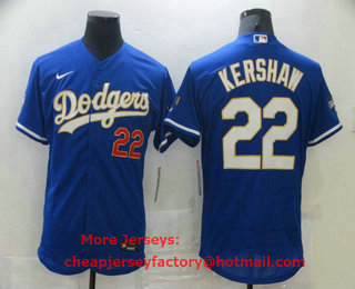 Men's Los Angeles Dodgers #22 Clayton Kershaw Blue Gold Champions Patch Stitched MLB Flex Base Nike Jersey