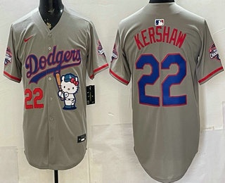 Men's Los Angeles Dodgers #22 Clayton Kershaw Grey Hello Kitty 2025 World Series Champions Limited Jersey