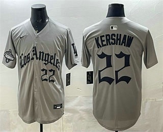Men's Los Angeles Dodgers #22 Clayton Kershaw Grey LA Gothic Style 2025 World Series Champions Patch Limited Jersey