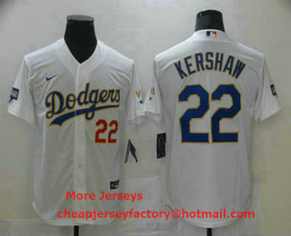 Men's Los Angeles Dodgers #22 Clayton Kershaw Red Number White Gold Championship Stitched MLB Cool Base Nike Jersey