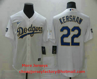 Men's Los Angeles Dodgers #22 Clayton Kershaw White Gold Championship Stitched MLB Cool Base Nike Jersey