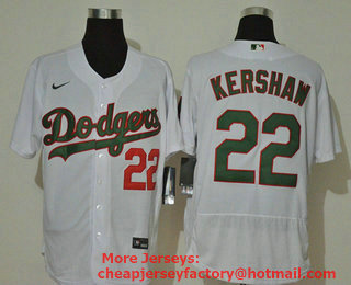 Men's Los Angeles Dodgers #22 Clayton Kershaw White With Green Name Stitched MLB Flex Base Nike Jersey