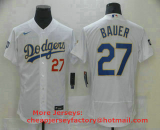 Men's Los Angeles Dodgers #27 Trevor Bauer White Gold Champions Patch Stitched MLB Flex Base Nike Jersey