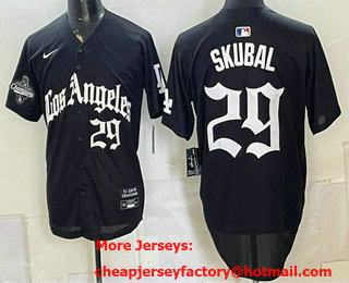 Men's Los Angeles Dodgers #29 Tarik Skubal Black LA Gothic Style 2025 World Series Champions Patch Limited Stitched Jersey
