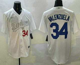 Men's Los Angeles Dodgers #34 Fernando Valenzuela White Fashion Cool Base Jersey