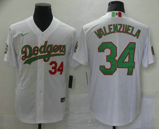 Men's Los Angeles Dodgers #34 Fernando Valenzuela White Green Mexico 2020 World Series Stitched MLB Jersey