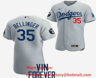 Men's Los Angeles Dodgers #35 Cody Bellinger 2022 Grey Vin Scully Patch Flex Base Stitched Baseball Jersey