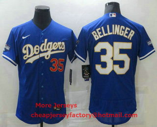 Men's Los Angeles Dodgers #35 Cody Bellinger Blue Gold Champions Patch Stitched MLB Flex Base Nike Jersey