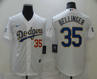 Men's Los Angeles Dodgers #35 Cody Bellinger Red Number White Gold Championship Stitched MLB Cool Base Nike Jersey