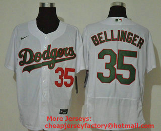 Men's Los Angeles Dodgers #35 Cody Bellinger White With Green Name Stitched MLB Flex Base Nike Jersey