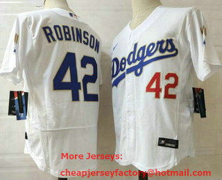 Men's Los Angeles Dodgers #42 Jackie Robinson White Gold Champions Patch Stitched MLB Flex Base Nike Jersey