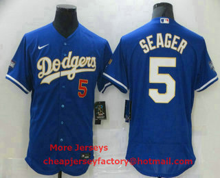 Men's Los Angeles Dodgers #5 Corey Seager Blue Gold Champions Patch Stitched MLB Flex Base Nike Jersey