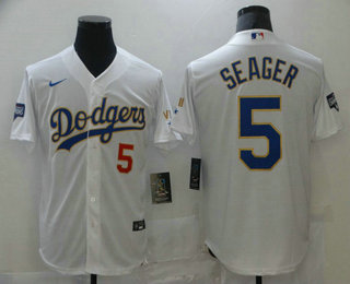 Men's Los Angeles Dodgers #5 Corey Seager Red Number White Gold Championship Stitched MLB Cool Base Nike Jersey
