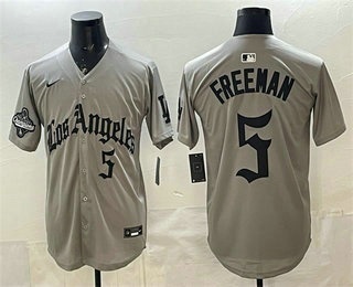 Men's Los Angeles Dodgers #5 Freddie Freeman Grey LA Gothic Style 2025 World Series Champions Patch Limited Jersey