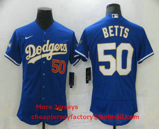 Men's Los Angeles Dodgers #50 Mookie Betts Blue Gold Champions Patch Stitched MLB Flex Base Nike Jersey