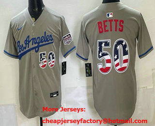 Men's Los Angeles Dodgers #50 Mookie Betts Gray Alternate USA 250 Patch Stadium Jersey