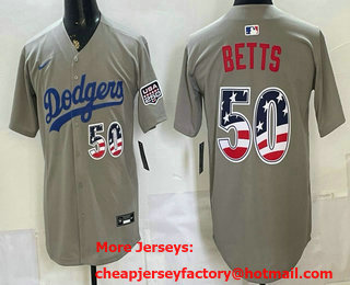 Men's Los Angeles Dodgers #50 Mookie Betts Grey USA 250 Patch Stadium Jersey