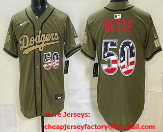 Men's Los Angeles Dodgers #50 Mookie Betts Olive 2025 World Series Champions USA 250 Patch Stadium Jersey