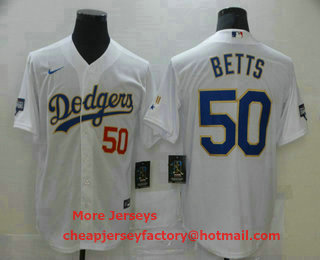 Men's Los Angeles Dodgers #50 Mookie Betts Red Number White Gold Championship Stitched MLB Cool Base Nike Jersey