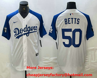Men's Los Angeles Dodgers #50 Mookie Betts White Blue Fashion Stitched Cool Base Limited Jersey 11