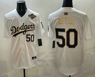 Men's Los Angeles Dodgers #50 Mookie Betts White Gold 2025 World Series Patch Limited Stitched Jersey