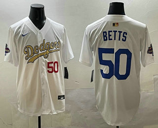 Men's Los Angeles Dodgers #50 Mookie Betts White Gold Blue 2025 Collection Limited Stitched Jersey