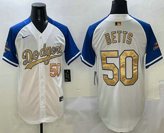 Men's Los Angeles Dodgers #50 Mookie Betts White Royal Gold Limited Stitched Jersey