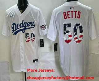 Men's Los Angeles Dodgers #50 Mookie Betts White USA 250 Patch Stadium Jersey