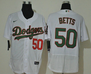 Men's Los Angeles Dodgers #50 Mookie Betts White With Green Name Stitched MLB Flex Base Nike Jersey