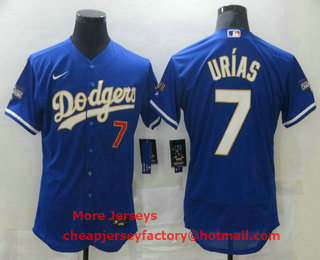 Men's Los Angeles Dodgers #7 Julio Urias Blue Gold Champions Patch Stitched MLB Flex Base Nike Jersey