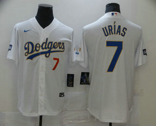 Men's Los Angeles Dodgers #7 Julio Urias Red Number White Gold Championship Stitched MLB Cool Base Nike Jersey