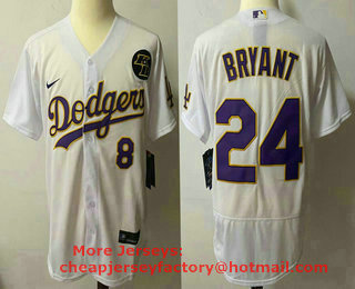 Men's Los Angeles Dodgers #8 #24 Kobe Bryant White With Purple Name KB Patch Stitched MLB Flex Base Nike Jersey