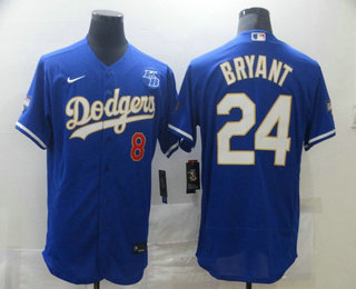 Men's Los Angeles Dodgers #8 #24 Kobe Bryant With KB Patch Blue Gold Champions Patch Stitched MLB Flex Base Nike Jersey