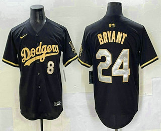 Men's Los Angeles Dodgers #8 24 Kobe Bryant Black Gold Stitched Cool Base Nike Jersey