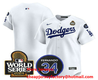 Men's Los Angeles Dodgers Blank White 2024 World Series With Fernando 34 Patch Limited Stitched Jersey