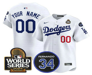 Men's Los Angeles Dodgers Custom White 2024 World Series With 34 Patch Limited Cool Base Stitched Jersey