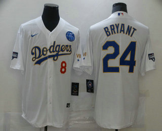 Men's Los Angeles Dodgers Front #8 Back #24 Kobe Bryant With KB Patch White Gold Championship Stitched MLB Cool Base Nike Jersey