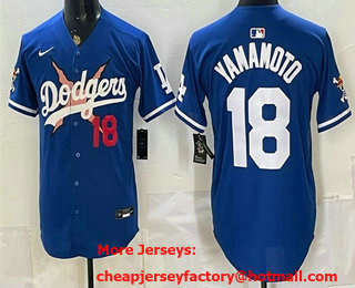 Men's Los Angeles Dodgers x One Piece #18 Yoshinobu Yamamoto Blue Limited Stitched Jersey