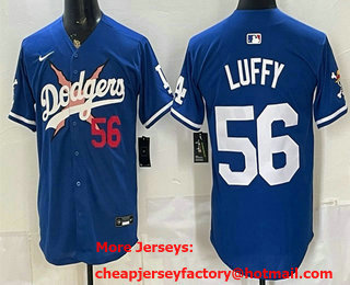 Men's Los Angeles Dodgers x One Piece #56 Luffy Blue Limited Stitched Jersey
